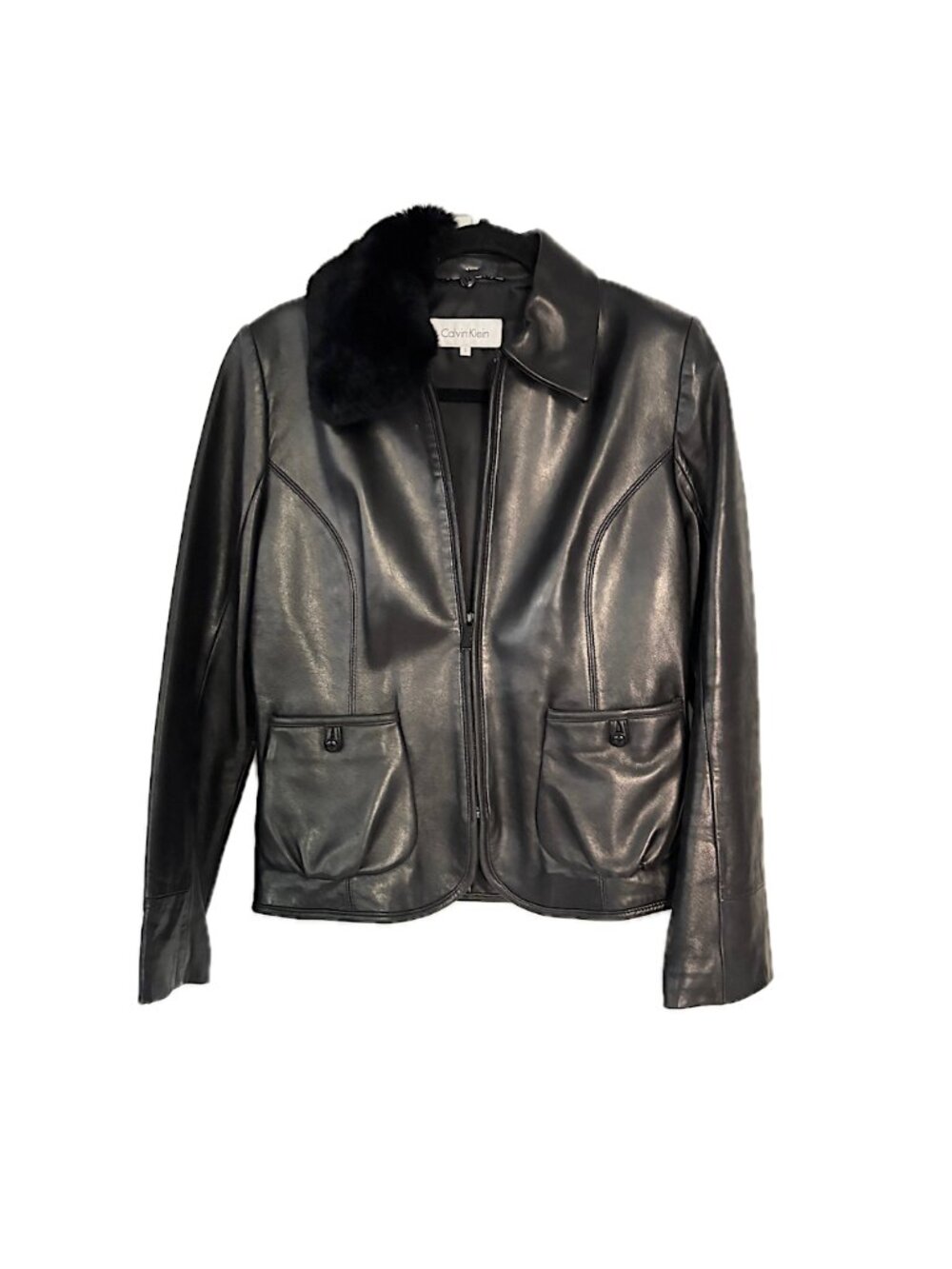 CK Leather Jacket with a Removable Fur Collar in Black Blazer Women's S